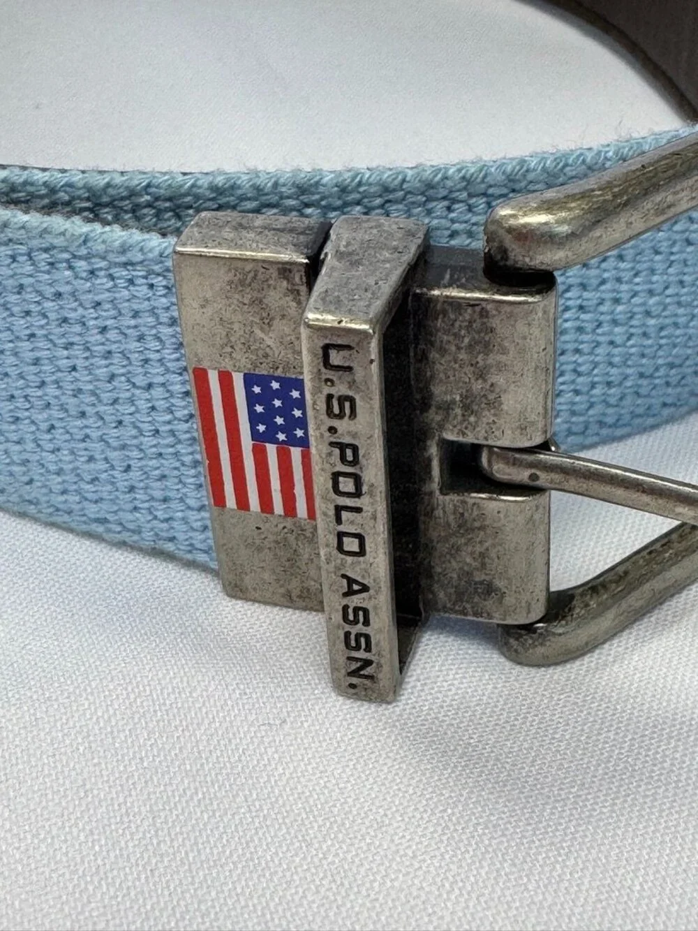 U.S. Polo Assn. Light Blue Canvas Men's Belt with American Flag Buckle Size 34